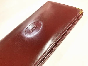 CARTIER VINTAGE MUST CC EMBOSSED LEATHER LONG WALLET BIFOLD FRANCE BURGUNDY RED - Picture 1 of 22