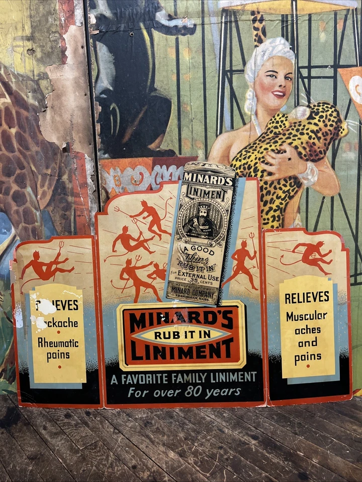VINTAGE C. 1940 MINARDS LINIMENT TRIFOLD CARDBOARD SIGN MEDICINE DEVIL SATAN HTF - Image 1 of 4