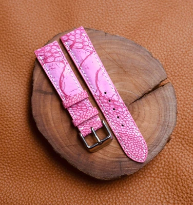 粉红色鸵鸟皮革表带,手工制作尺寸 20-18 毫米,可更改尺寸长度 — 第 1/4 张图片