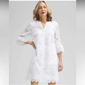 Vestido Chico's Blanco Encaje Detalle Ojales Cambio Manga Trompeta Muesca Cuello Forrado 20 - Imagen 1 de 13