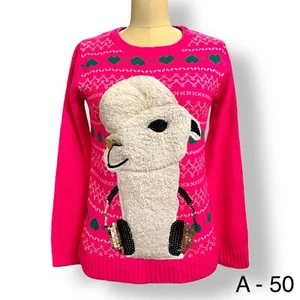 Total Girl Sweater Bright Pink Knit Llama Headphones Bling Hearts Sz XL 16 - Picture 1 of 6