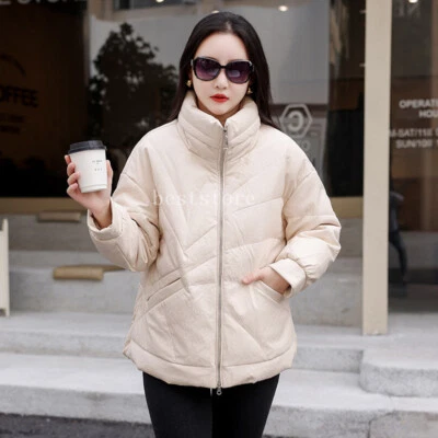 Stand Collar Short Real Duck Down Leather Sheepskin Coat Womens Zip Jacket Parka - Image 1 of 4