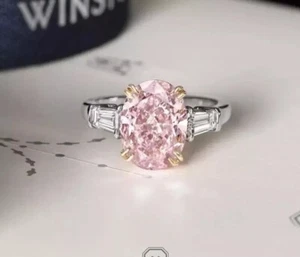 Three Stone Classic Pink Lab Created Diamond Engagement 14K White Gold FN Ring - Picture 1 of 3