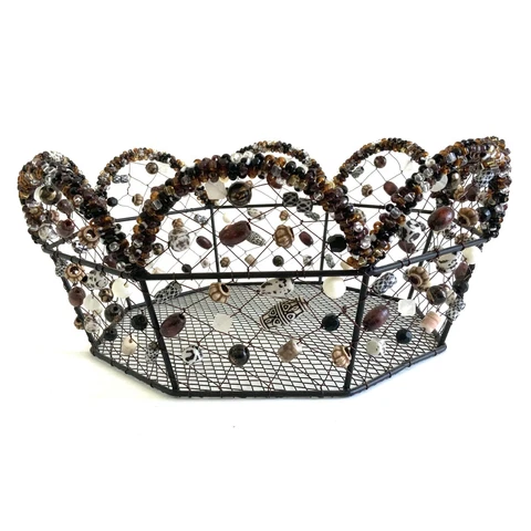 Wire Beaded Basket with Neutral Brown Orange Red Bead Accents Cover