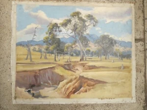 DERMONT HELLIER OIL PAINTING UNSTRETCHED CANVAS AUSTRALIAN LANDSCAPE GUMTREES - Picture 1 of 6