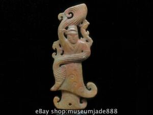 5 " Old Chinese Hongshan culture Hetian Jade Carving Dancer Pendant N0559