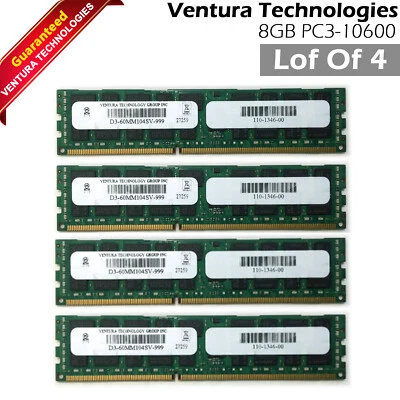 Lot Of 4 Ventura D3-60MM104SV-999 4X8GB PC3-10600 DDR3 1333 2Rx4 Server Memory - Image 1 of 4