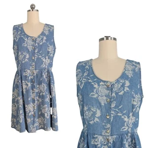 Vintage Denim Jumper Dress 14 Blue White 90s Jean Floral Sleeveless Button Short - Picture 1 of 10