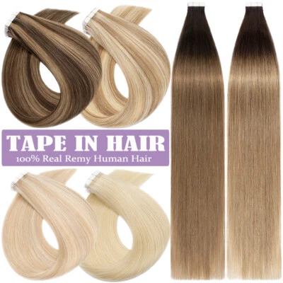 CLEARANCE Tape In Remy Human Hair Extensions Russian Skin Weft Full Head THICK - Image 1 of 4