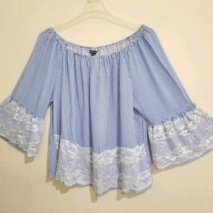 Única Spectrum Azul Blanco Fuera del Hombro Talla 2X Blusa Mangas de Campana Superposición de Encaje - Imagen 1 de 6