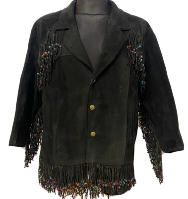 RARO🔥VTG Chaqueta Occidental Pioneer Wear Cuero Gamuza Negra Cuentas con Flecos para Hombres M Foto 1 de 4
