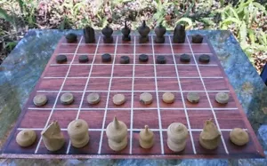 CAMBODIAN CHESS SET - HAND CARVED w/ MAT (Khmer Ouk Chaktrang, Thai Makruk, #09) - Picture 1 of 10