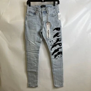 PURPLE BRAND Flocked Painted Wordmark Jeans Men's Size 28 Light Indigo - Picture 1 of 5