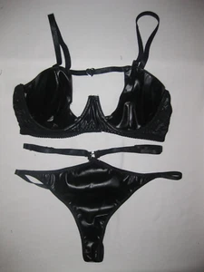 Shein strappy cutout faux leather & lace underwire bralette & thong S black goth - Picture 1 of 4