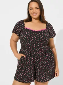Womens Torrid Betsey Johnson Black Pink Floral Gauze Romper Size 0 12 Large NWT - Picture 1 of 5