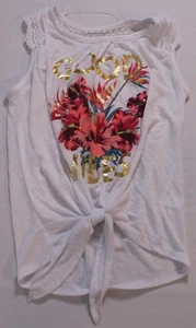 Belle Du Jour Girl's Good Vibes Graphic Knot Front Tank Top AP2 White Large - Picture 1 of 3