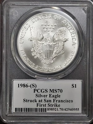 American Eagle 1986-(S) plata graduación profesional MS70 First Strike Mercanti - San Francisco  Foto 1 de 4