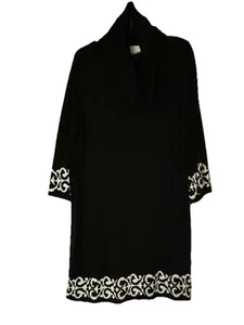 Black w/Black & White Scroll Border Detachable Crowl Neck Sweater Dress, XL - Picture 1 of 10