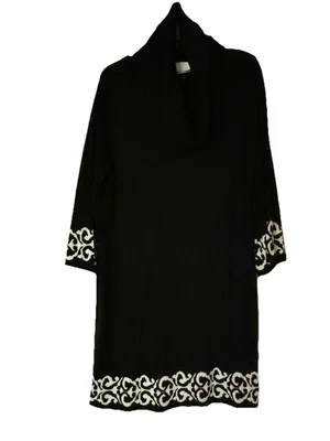 Black w/Black & White Scroll Border Detachable Crowl Neck Sweater Dress, XL - Image 1 of 4