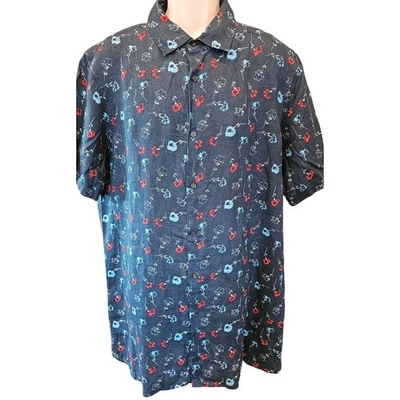 Red white blue patriotic Floral Print Linen Short Sleeve Button Down XLT XL TALL - Image 1 of 4