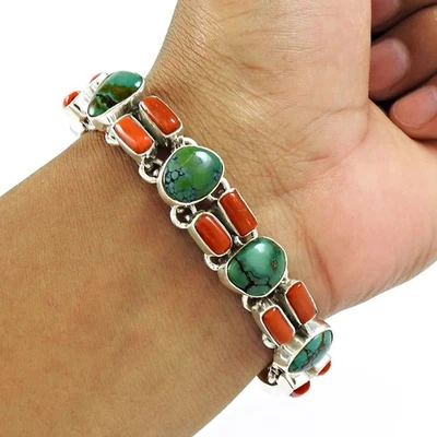 Cabochon Turquoise Coral Sterling Silver Anniversary Boho Chain Bracelet Jewelry - Image 1 of 4