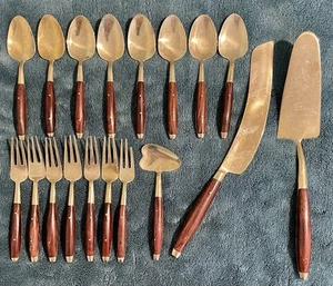 18 PC. VINTAGE MID CENTURY THAILAND BRASS & ROSEWOOD DESSERT SET! - Picture 1 of 6