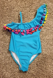 WAVE ZONE GIRLS POM-POM FRILL ASYMMETRICAL SWIMSUIT BLUE XS 4/5🩱 - Picture 1 of 9