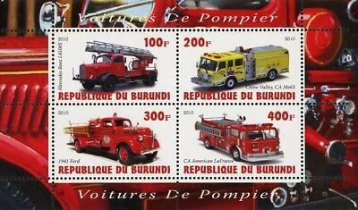 Hoja de recuerdo de transporte de vehículos camión bombero bombero de 4 MNH Foto 1 de 4