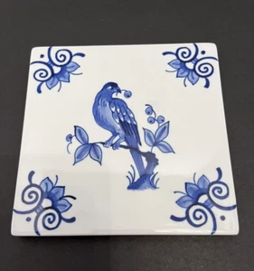 Vintage 1983 Royal Delft Azulejo Azul Remache Flor Pájaro Cuadrado Pintado a Mano Firmado - Imagen 1 de 21