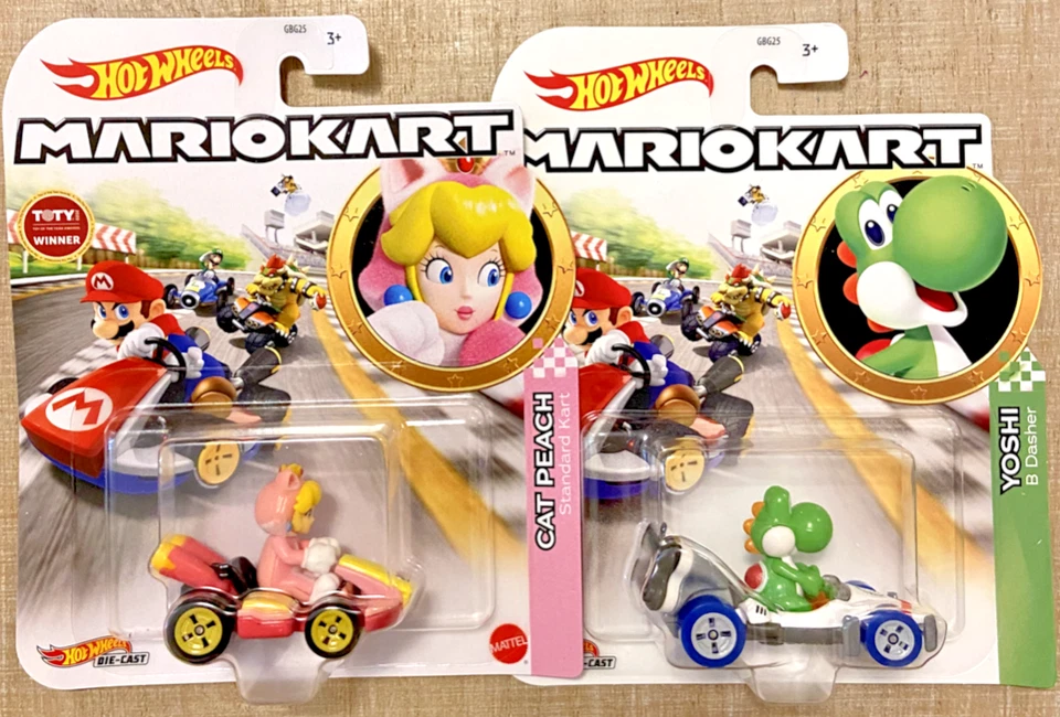 CAT PEACH & YOSHI Mario Kart Hot Wheels Die-Cast Race Karts Cars - Image 1 of 1