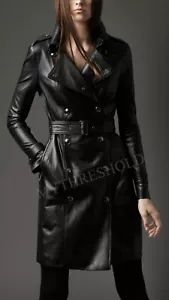 Ladies Women Black Genuine Real Leather Trench Coat - BNWT - Picture 1 of 3
