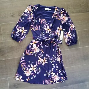 ELIZA J Navy Floral V-Neck Faux Wrap 3/4 Sleeve Belted Sash Tie Dress 0P XSP 💙 - Picture 1 of 2