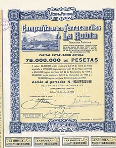 SPAIN LA ROBLA RAILWAY COMPNY stock certificate  - Picture 1 of 1