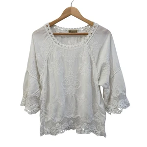 Democracy Gr. XL Häkelspitze bestickt Bauernbluse Boho Top weiß romantisch - Bild 1 von 8