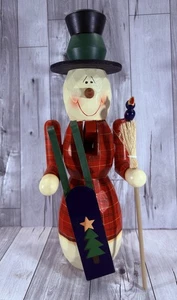 Vintage Wooden Snowman Nutcracker 13" w/ Sled, Blue Bird, Red Plaid Coat Top Hat - Picture 1 of 12