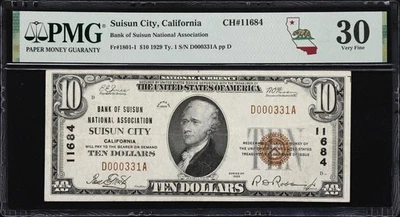 Suisun City, CA $10 1929 T1 Fr. 1801-1 BoSCNA Charter #11684 PMG Very Fine 30 - Image 1 of 2