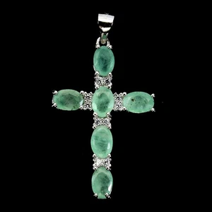 925 Sterling Silver Pendant Oval Emerald 6x4mm Natural Gemstone Cross Jewelry - Picture 1 of 14