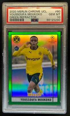 2020-21 Topps Merlin Chrome UEFA Youssoufa Moukoko RC Green Rookie #87/99 PSA 10 - Image 1 of 2