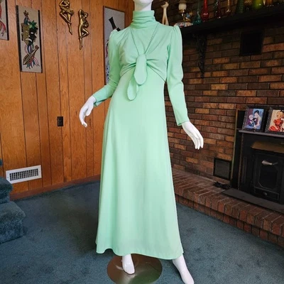 Vtg 70s Mint Green Disco Soul Train Choker Halter Maxi Bolero Empire Dress M/L - Image 1 of 4