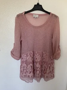 Belle France Pink Knit Top with Lace Detail Size M - Picture 1 of 9