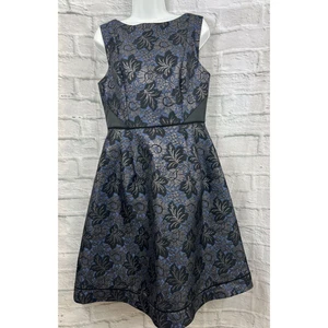 Oasis Jacquard Skater Dress Size 12 Fits 10 Blue Black Gold Floral Sleeveless - Picture 1 of 8