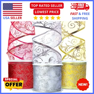 Christmas Wired Ribbon 2.5in – Organza Glitter for Bows, Tree & Gift Wrap - Picture 1 of 6