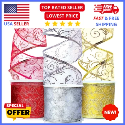Christmas Wired Ribbon 2.5in – Organza Glitter for Bows, Tree & Gift Wrap - Image 1 of 4