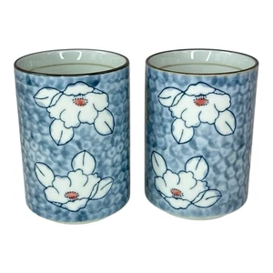 Paar japanische Porzellan Yunomi Tee Sushi Saft Becher Tasse blau Blumenmuster - Bild 1 von 4