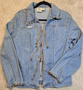 Judy's Fashion VTG Stretch Denim Jacket Tassel Ties Open Western Boho Juniors 13 - Picture 1 of 17