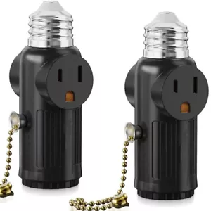 2Pcs E27 E26 Light Bulb Socket to Plug Adapter with Pull Chain Switch 2/3 Prong - Picture 1 of 12