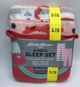 Girls Size S (7/8) Eddie Bauer 4-Piece Sleep Set Long Sleeve Pajamas Pants Coral - Picture 1 of 5