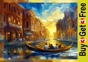 Golden Gondola Sunset Ride 5"x7" Print on Matte Paper | Romantic City Painting - Picture 1 of 17