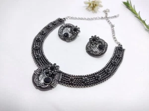 Indian Ethnic Traditional Bollywood Style Silver Plated Oxidized Indian  Choker - Picture 1 of 3