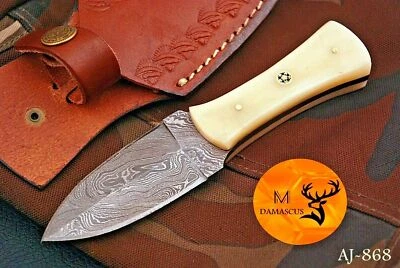 M DAMASCUS Custom HANDMADE FORGED DAMASCUS Steel Hunting Fix Blade Dagger Knife+ sheath 868